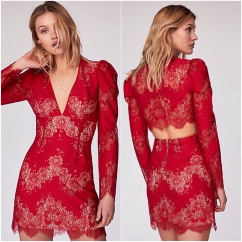 Saylor x Free People collab Lourdes red lace long sleeve mini dress
